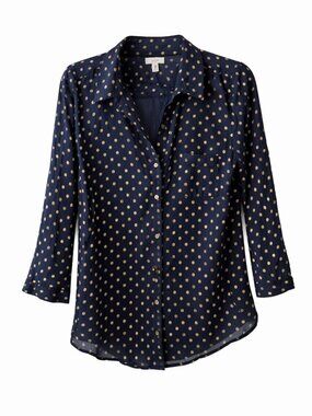 🪩 2/20 Aerie Navy Gold Polka Dot Sheer Button Up Blouse M